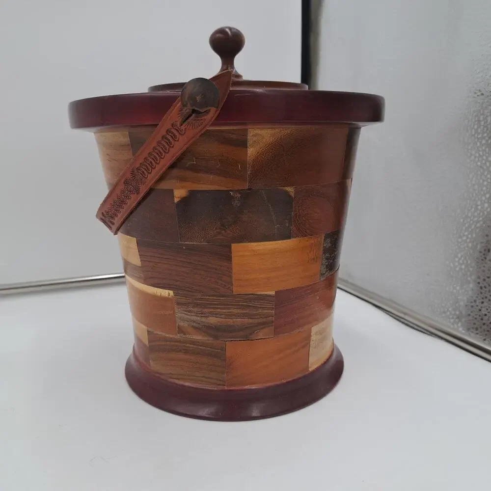 Unique Handmade round stacked wood lined ice bucket Wine Champagne chiller MCM